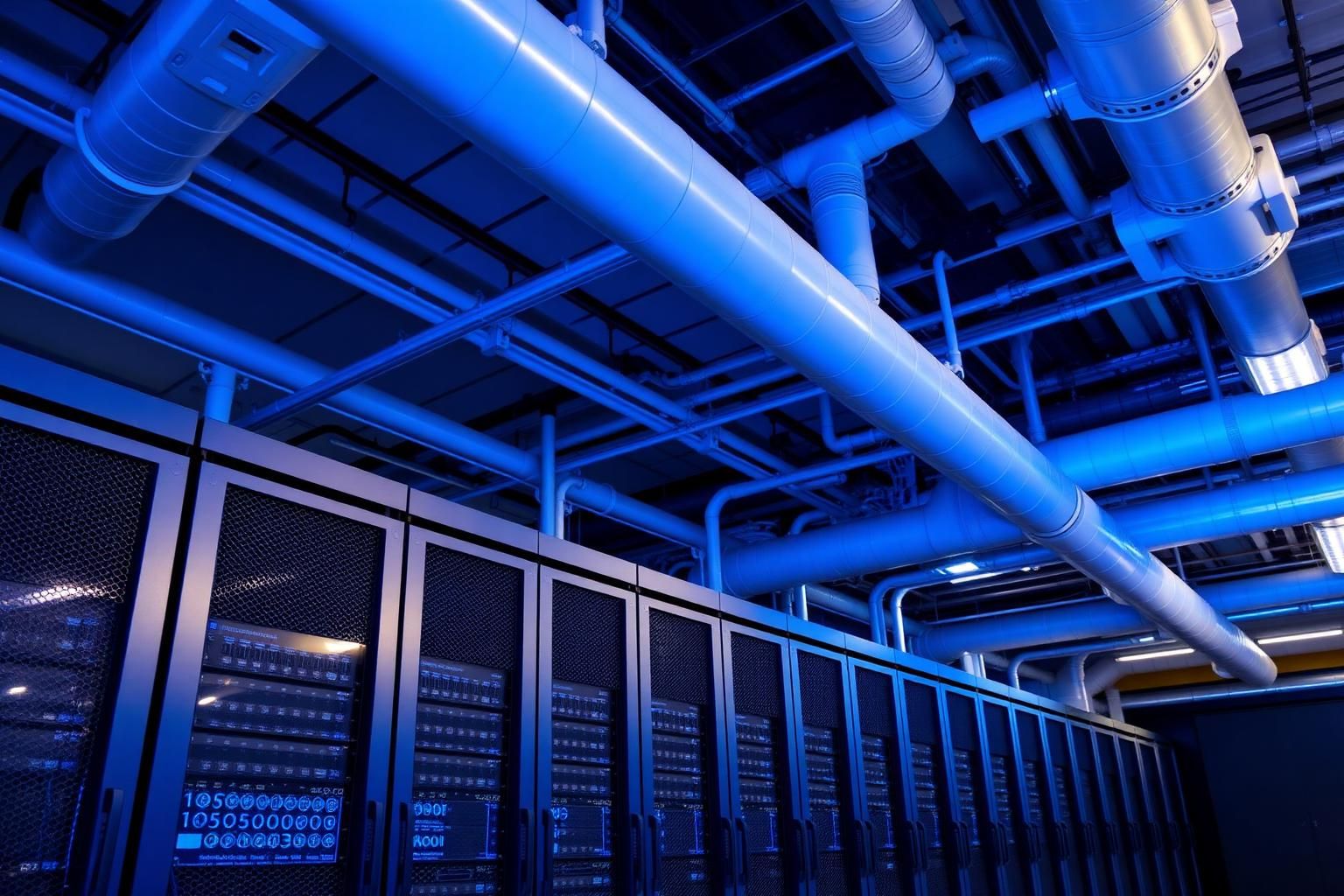 Chilled-water and cooling piping running above server cabinets inside a data hall